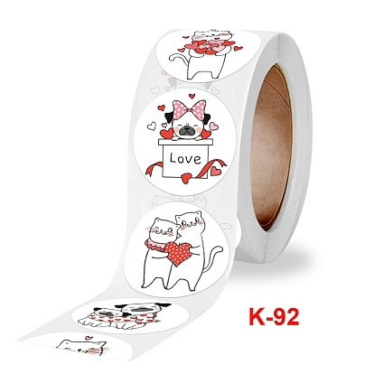 4 Styles Valentine's Day Theme Round Paper Stickers, Self Adhesive Roll Sticker Labels, for Envelopes, Bubble Mailers and Bags, Cat & Dog with Heart Pattern