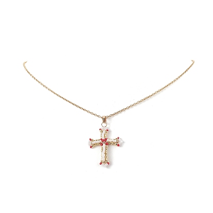 Japanese Seed Beaded Cross Pendant Necklace, Golden 304 Stainless Steel Jewelry for Women