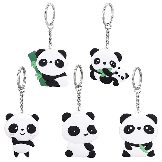 5Pcs 5 Style Silicone Panda Keychain, with Platinum Iron Findings, Panda
