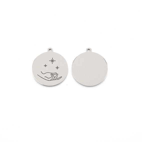 304 Stainless Steel Pendants, Flat Round with Star Pattern