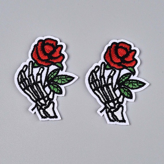 Скелетная рука держит аппликации из роз, компьютеризированная вышивка тканью утюжок на / шить на заплатках, аксессуары для костюма