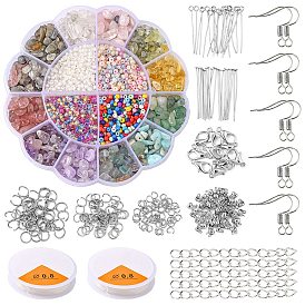Kit de fabricación de conjuntos de joyas de piedra natural diy, Incluye semillas de vidrio y cuentas de chips de piedra., broches de aleación, 304 pin de acero inoxidable y anillos de salto, gancho de pendiente de hierro y punta de cuenta y cadena final, hilo elástico