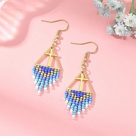 Glass Beads Braided Dangle Earrings, Cross with Triangle, Tassel Earrings, 304 Stainless Steel Dangle Earrings for Women