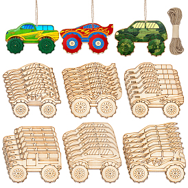 36Pcs 6 Styles Car Unfinished Blank Wooden Pendants Set for Painting Arts, Pyrography, Home Decor, with Jute Cord