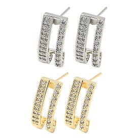 Brass with Clear Cubic Zirconia Stud Earrings, Twist Hollow Rectangle