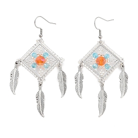 Glass Seed Bead Feather Dangle Earrings, Woven Web Alloy Chandelier Earrings