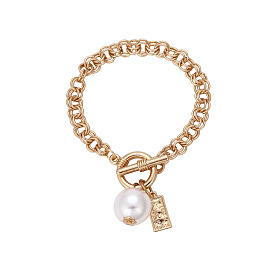 Fashionable Hip Hop Metal Chain Pearl Bracelet Punk Street Style OT Clasp Hand Jewelry for Women