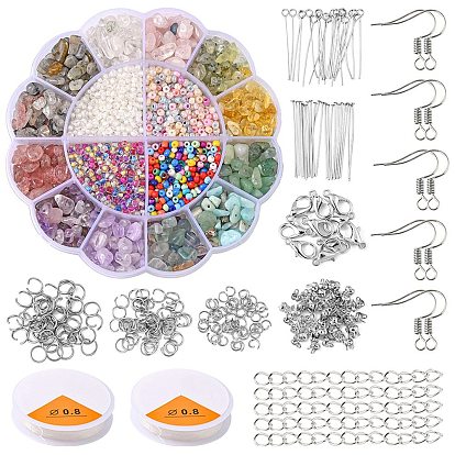 Kit de fabricación de conjuntos de joyas de piedra natural diy, Incluye semillas de vidrio y cuentas de chips de piedra., broches de aleación, 304 pin de acero inoxidable y anillos de salto, gancho de pendiente de hierro y punta de cuenta y cadena final, hilo elástico
