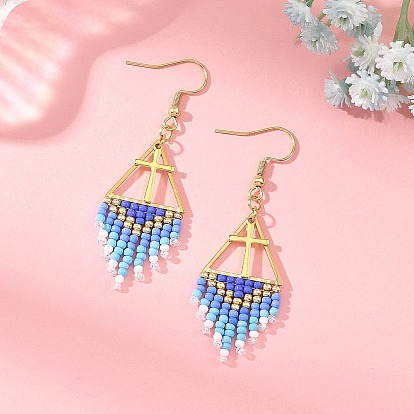 Glass Beads Braided Dangle Earrings, Cross with Triangle, Tassel Earrings, 304 Stainless Steel Dangle Earrings for Women