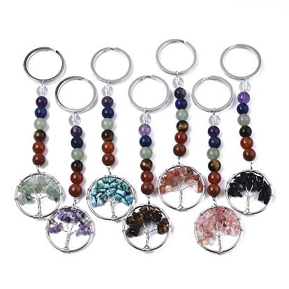 Gemstone Chips Keychain, with Platinum Plated Stainless Steel Split Key Rings and Mixed Stone Round Beads, Flat Round with Tree of Life