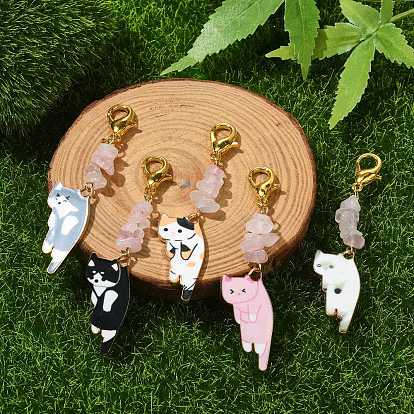Cat Shapes Alloy Enamel Pendants Decorations, with Zinc Alloy Lobster Claw Clasps and Natural Rose Quartz Chips