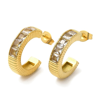 Crystal Rhinestone Round Stud Earrings, 304 Stainless Steel Half Hoop Earrings