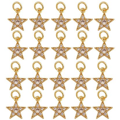 20 piezas de dijes de zirconia cúbica micro pavé de latón, con anillo de salto, larga duración plateado, estrella, Claro
