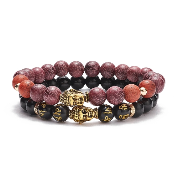 2Pcs 2 Style Mala Bead Bracelets Set, Word Om Mani Padme Hum Natural Sandalwood & Obsidian Stretch Bracelets with Alloy Buddha Head for Women