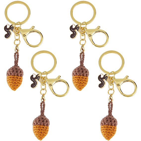 4Pcs Handmade Yarn Acorns with Alloy Enamel Squirrel Pendant Keychains, with Zinc Alloy Lobster Claw Clasps and Split Key Rings
