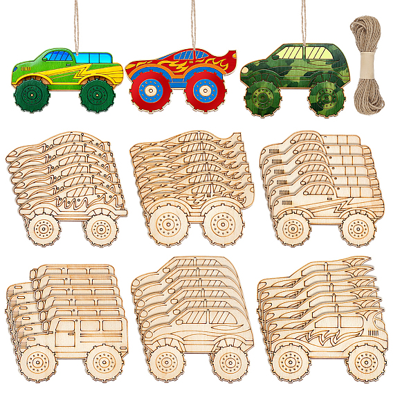 36Pcs 6 Styles Car Unfinished Blank Wooden Pendants Set for Painting Arts, Pyrography, Home Decor, with Jute Cord