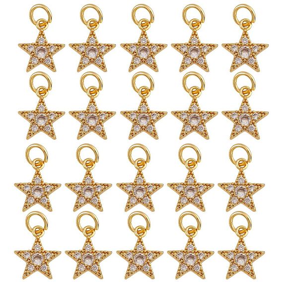 20Pcs Brass Micro Pave Cubic Zirconia Charms, with Jump Ring, Long-Lasting Plated, Star, Clear