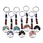 Gemstone Chips Keychain, with Platinum Plated Stainless Steel Split Key Rings and Mixed Stone Round Beads, Flat Round with Tree of Life