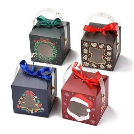 Рождественские складные подарочные коробки, с прозрачным окном и лентой, подарочные пакеты, на подарки конфеты печенье