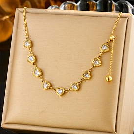 304 Цепочка-слайдер из нержавеющей стали с прозрачными кубическими циркониями в форме сердца для женщин