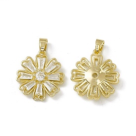 Rack Plating Brass Cubic Zirconia Pendants, Flower Charm, Cadmium Free & Lead Free, Long-Lasting Plated, Real 18K Gold Plated