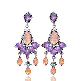 Bohemian Retro Colorful Gemstone Drop Tassel Earrings with Dazzling Rhinestone Studs