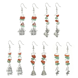 Christmas Theme Tibetan Style Alloy Dangle Earrings with Brass Pins, Natural Red Jasper & Green Aventurine & Glass Beaded Earrings