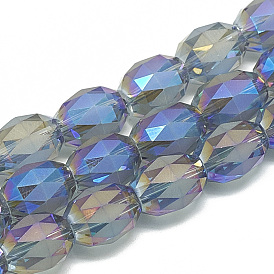 Electroplate Glass Beads Strands, Rainbow Plated, Half Frosted Style, Faceted Oval