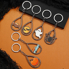 Halloween Ghost Bat Pumpkin Candy Water Drop Keychain Combination Set Wooden Pendant