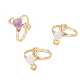 3Pcs Copper Wire Wrapped Round Natural Amethyst & Natural Aquamarine & Natural Rose Quartz Bead Finger Rings for Women