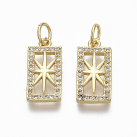 Brass Micro Pave Clear Cubic Zirconia Pendants, with Jump Ring, Nickel Free, Rectangle with Star
