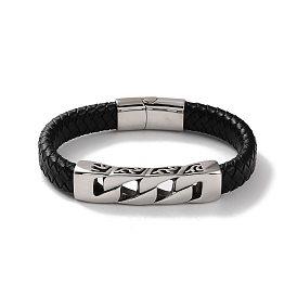 Bracelets pour hommes en cordon de cuir pu noir tressé, rectangle creux 304 bracelets à maillons en acier inoxydable avec fermoirs magnétiques