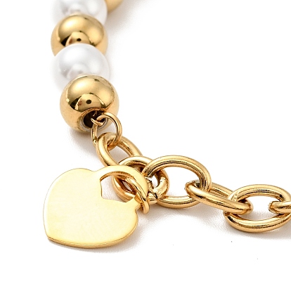 201 Stainless Steel Heart Padlock Charm Bracelet, Plastic Pearl Beaded Bracelet with 304 Stainless Steel Cable Chains for Women