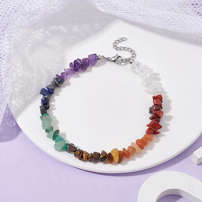Chakra Natural Gemstone Chips Beaded Anklets for Women, with Alloy Clasps
