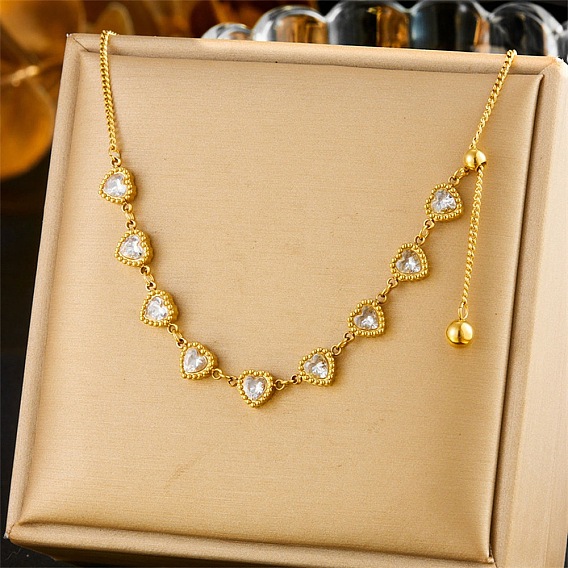 304 Цепочка-слайдер из нержавеющей стали с прозрачными кубическими циркониями в форме сердца для женщин