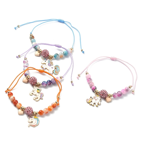 Браслет с подвеской в виде единорога из сплава эмали, плетеный регулируемый браслет из натурального окрашенного белого нефрита