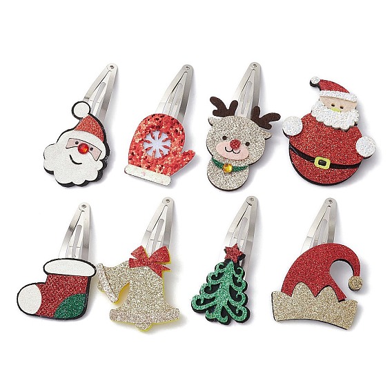 8Pcs 8 Styles Iron Snap Hair Clips, with Christmas Theme Non-woven Fabrics Sew on Appliques for Woman Girls, Platinum