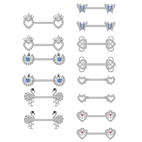 304 Кольца для сосков из нержавеющей стали с микро-паве из кубического циркония, цвет нержавеющей стали