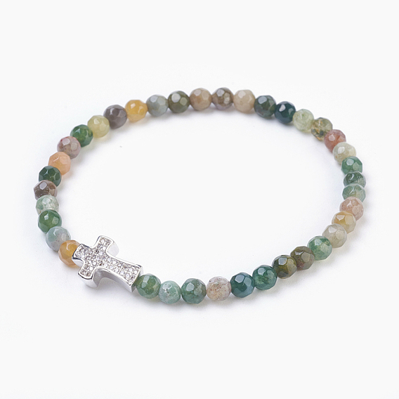 Natural Gemstone Beads Stretch Bracelets, with Brass Micro Pave Cubic Zirconia Beads, Platinum