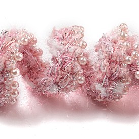 Ribete de encaje de crochet de poliéster, Adorno decorativo de punto con perlas de imitación de ABS y lentejuelas de vidrio y PVC, para ropa vestido de novia