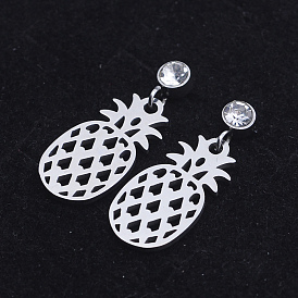 201 Stainless Steel Dangle Stud Earrings, with Clear Cubic Zirconia, Pineapple