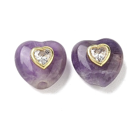 Amatista naturales, corazón, con hallazgos de circonita cúbica clar micro pavé de latón, dorado