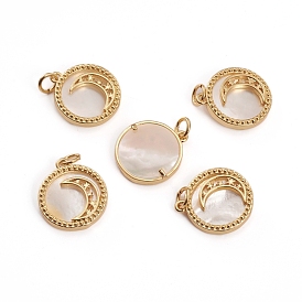 Brass Micro Pave Clear Cubic Zirconia Pendants, with Shell and Jump Rings, Flat Round with Moon