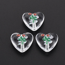 Transparent Printed Acrylic Beads, Heart with Flower