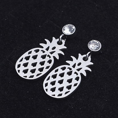 201 Stainless Steel Dangle Stud Earrings, with Clear Cubic Zirconia, Pineapple