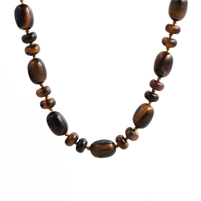 Tiger Eye and Protein Stone Semi-Precious Necklace with Egg-Shaped Pendant