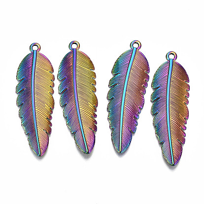 Rainbow Color Alloy Pendants, Cadmium Free & Lead Free, Feather