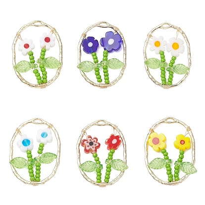 Подвески из стеклянного бисера и стекла миллефиори ручной работы, овальные с цветком, со сплавом