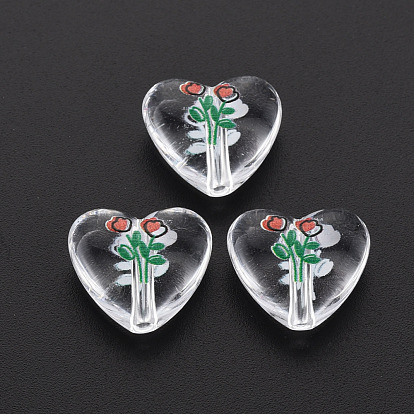 Transparent Printed Acrylic Beads, Heart with Flower