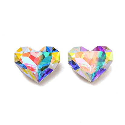 Cabujones de diamantes de imitación de cristal, punta trasera y trasera plateada, facetados, corazón